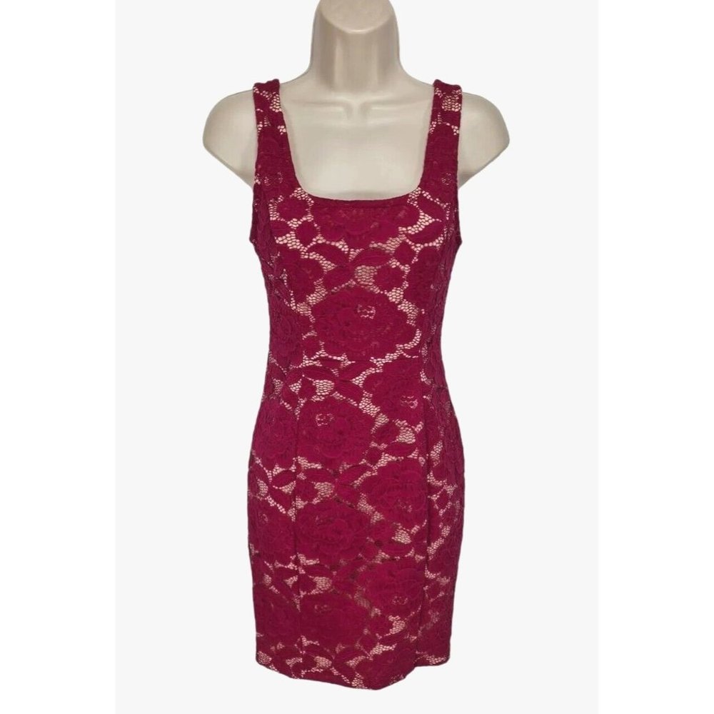 FOREIGN EXCHANGE Women Sz S Deep Pink Floral Lace Sheath Mini Dress Zip Up 270P